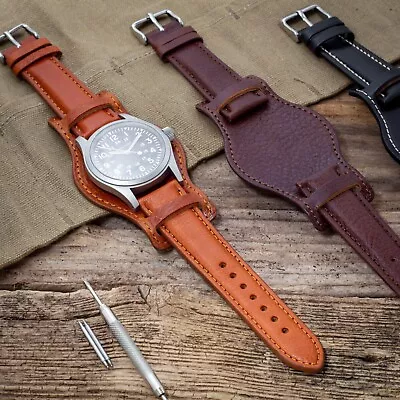 £17.95 • Buy Premium Leather Bund Strap - Vintage Pilot Cuff - 18mm 20mm 22mm - Black Brown