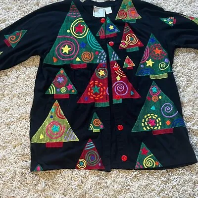 Michael Simon Lite Black Knit Cardigan Colorful Christmas Trees L • $60