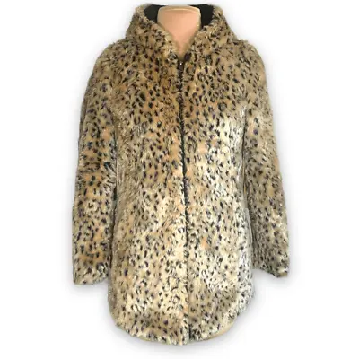 Zara TRF Warm Wear Coat Fuzzy Leopard Animal Print Faux Fur Hooded Zip Front • $57.95