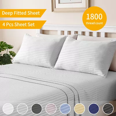 $29.99 • Buy 1800TC Stripe Sheet Sets S/KS/Double/Queen/King Bed 4 Pcs Vintage Ultra Soft AU
