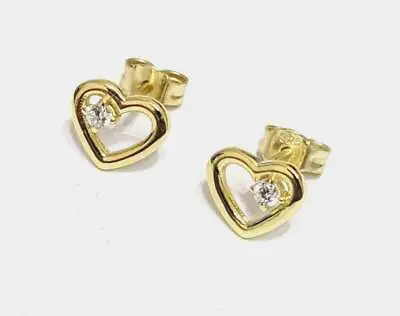 9ct Yellow Gold On Silver CZ Set Heart Studs Earrings Girls Mothers Xmas GIFTBOX • £8.99