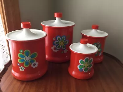 Vintage 1970's Kromex Red Flower Aluminum Kitchen Canister Set Of 4 With Lids • $45