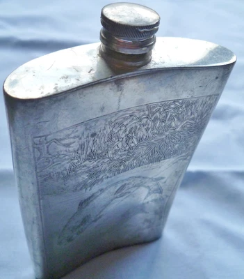 £9.99 • Buy Vintage Sheffield Rose Pewter Hip Flask Engraved With Fisherman & Salmon Scenes