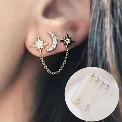 Geometry Gold Stainless Steel Moon Star And Rhinestone Post Stud Earrings • $1.60