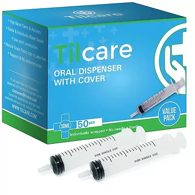 30ml Oral Dispenser Syringe With Cover 50 Pack By Tilcare - Luer Slip Sterile • $37.99