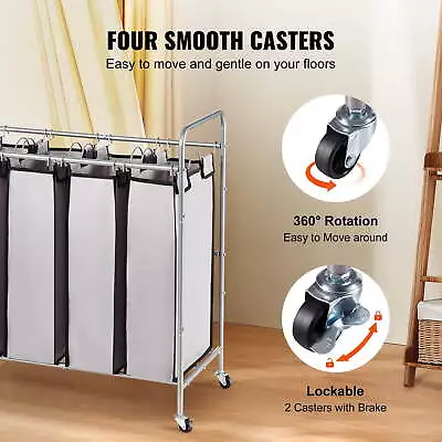 4-Section Heavy-Duty Laundry Sorter Rolling Bathroom Clothes Strorage Gray • $39.99