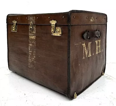 VINTAGE ANTIQUE LARGE TRAVEL TRUNK CHEST BLANKET TOY LINEN BOX SIDE TABLE 1920s • £145