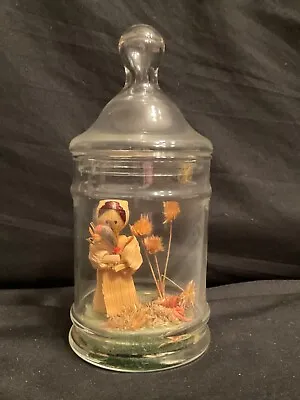 Vintage Apothecary Glass Jar & Lid With Handmade Dried Cornhusk Doll & Flowers • $18.99