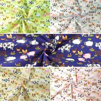 Polycotton Fabric Farmer Joe Farmyard Farm Animals Sheep Cows Chickens Pigs • £2.70