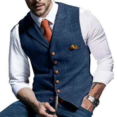 Men Retro Tweed Waistcoat Plaid Slim Fit Formal WoolBlend Herringbone Suit Vest❀ • $5.19