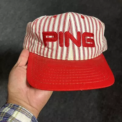 Vintage PING Golf Hat Leather Strapback Made In USA 80s Red/White Stripes • $78.87