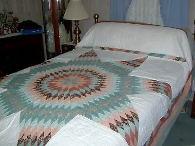 $275 • Buy Peach+Sage Queen Amish Hand Made Lone Star Quilt 97 Wide X 112 Long