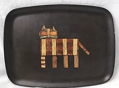 MCM Vintage Couroc Of Monterey CA Serving Tray Wood Brass Inlaid Cat Mid Century • $32.95