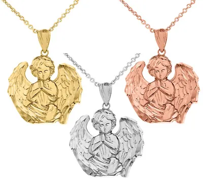 Solid Gold Praying Guardian Angel Religious Protection Pendant Necklace • $309.99