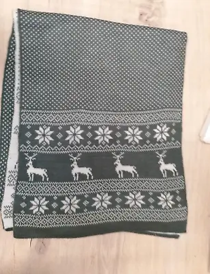 Bhs Grey White Long Knit Winter Scarf Fair Isle Reindeer  Festive • £9.99