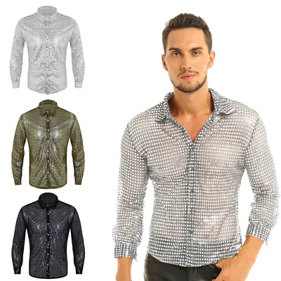 Men's Sparkly Sequined Party Dance Shirts Retro 70's Disco Nightclub Shirt Tops • £21.53