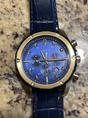 Bulova Mens Gold / Blue Leather Diamond Chronograph Blue Dial Watch 98k110 • $145