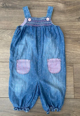 £3 • Buy NEXT Girls Blue Denim Smocked Pink Pockets Dungarees Romper Playsuit Age 2-3