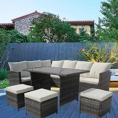 Rattan Garden Furniture Set 9 Seat Dining Table Outdoor Corner Sofa With Cover • £428.99