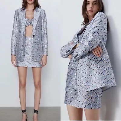 ZARA Blogger Favorite Blue Floral Oversized Boyfriend Blazer Small • £77.14