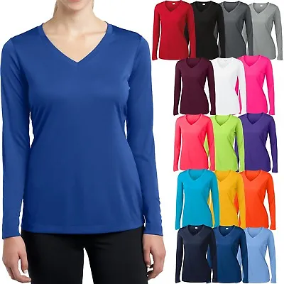 Ladies Long Sleeve T-Shirt V-Neck Moisture Wicking Base Layer Womens XS-XL 2X-4X • $10.99