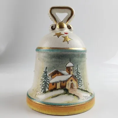 Veneto Flair Hand Painted Majolica 1977-1978 Christmas New Year Bell Snowy Cabin • $16.50