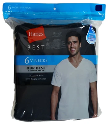 $34.58 • Buy Hanes Best Tagless V-Necks 100% Ring Spun Cotton, Black Gray, 6 Shirts
