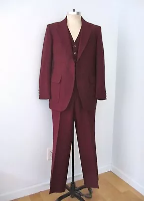 Vtg 70s JCPenney Burgundy Poly Knit 3-Pc Pimp Suit Vest Flare Pants Blazer 42 • $65