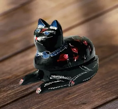 Vintage Kashmir? Paper Mache Black Lacquer Cat Ring Trinket Box Red Oink Flower • $18.50