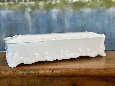 Antique Milk Glass Early Victorian White Opaque Jewelry/Vanity/Trinket Box 10  • $88