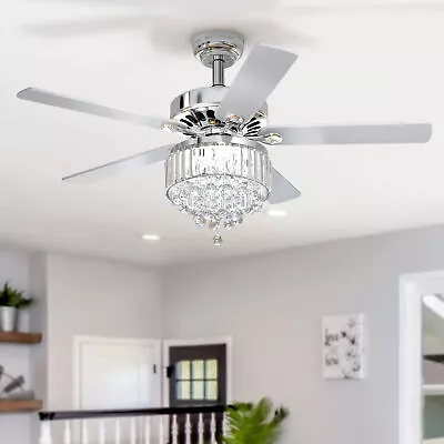 52 Inch Ceiling Fan With Light & Remote Bedroom Modern Crystal Fan Light Chrome • $90.99