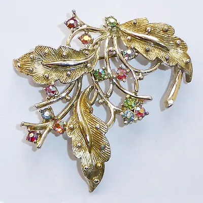 Vintage Brooch Signed Hollywood Golden Leaf Spray Aurora Borealis Glass Stones • £7.50