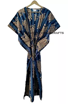 Women Dark Blue Tibetan Tiger Print Cotton Maxi Boho Beach Cover Up Caftan Dress • $22.07