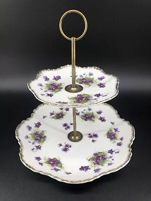 VTG LEFTON CHINA TIDBIT TRAY VIOLET CHINTZ FLORAL CANDY DISH Double Decker • $20