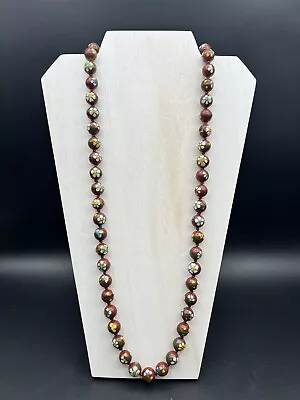 Vintage Chinese Hand Knotted 31.5”Cloisonne Enamel Brown Floral Necklace 925 • $58