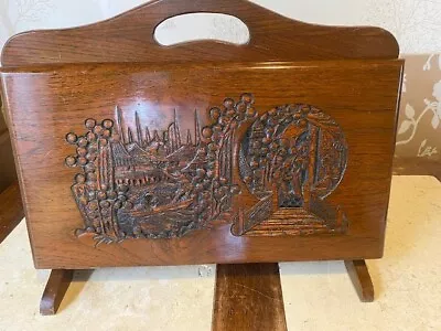 Vintage Wooden Magazine Rack Holder Mid Century Chinese Hand Carved Scene. • £30