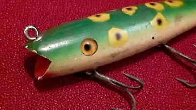 Vintage Wood TOPWATER Leopard Spotted FISHING LURE 3-hook GLASS EYES  No Reserve • $17.99