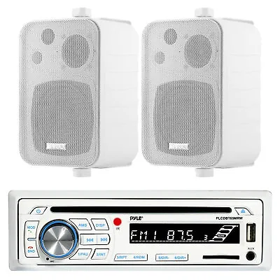Pyle CD Player White Marine AM/FM Radio Player USB Input +Pair Of Box Speakers • $107.49