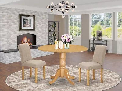 East West DLAB3-OAK-04 42 In. Round Dining Table Two 9 In. Drop Leaves & 2 Chair • $107.70