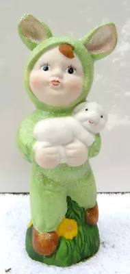 K's Collection~ Child Figurine/Green Bunny Outfit Holding A Pig • $5.85