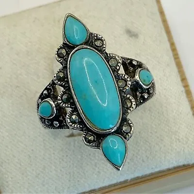 Turquoise And Marcasite Southwest Boho Sterling Silver Statement Ring FAS 925 6 • $32.99