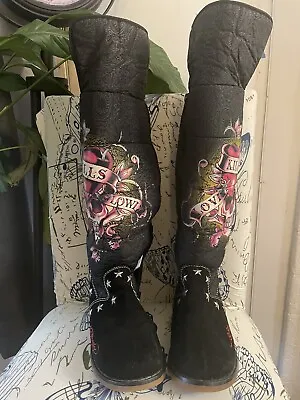 Ed Hardy “Love Kills Slowly” Suede Fur Tall Boots Sz 6 - Fantastic Condition! • $69.30