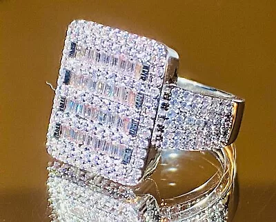 Men's Iced CZ Baguette Square Big Icy Bling Pinky RING White Finish Size 6-12 • $29.99