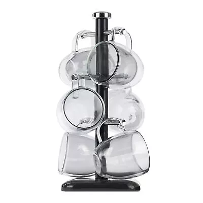 S/STEEL 6 Cup Mug Tree Holder Table Top Coffee Tea Kitchen Storage Rack Black • £118.94