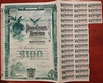 Mexico 1905 Banco Central Mexicano Blueberry $ 100 Pesos Coupons Bond Loan Share • $38