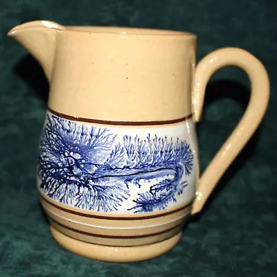 East Knoll Pottery Yellow Ware Mocha & Cobalt Blue Seaweed 1 Pint Pitcher EUC • $28.95