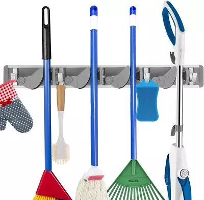 Mop Broom Holder Hanger Wall Mount Garage Kitchen Tool Organizer 4 Slots 4 Hooks • $12.95