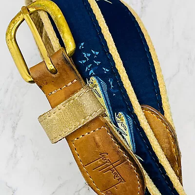 Guy Harvey Nautical Leather Bull Dolphin Fish Woven Blue Khaki Belt Mens 40 • $18