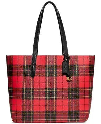 COACH Women's Highline Tote Handbag In Leather Plaid Print Red Black Multi • $245.19