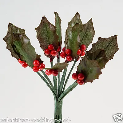 Christmas Miniature Holly Leaves & Berries Stems Favour Cake Decoration Craft • £3.14